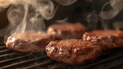 Juicy Hamburger Patties Sizzling on the Grill with Rising Smoke and Delicious Aroma.