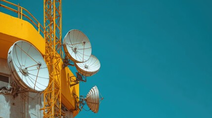Yellow Communication Towers with Large Satellite Dishes Against a Pale Sky