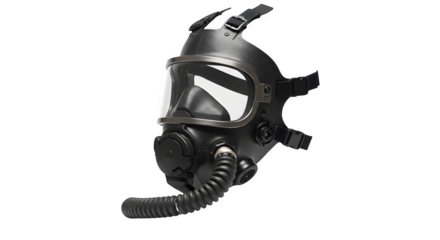 Black tactical mask shows safety equipment. Use as protection gear, military design, or emergency response.