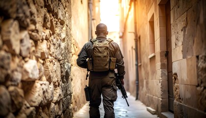 Soldier walking alleyway old city
