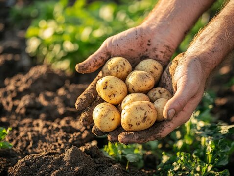 A farmer hands holding a handful of freshly dug potatoes in a sunlit field