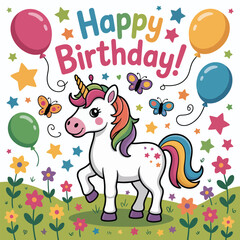 Naklejka premium Cute cartoon unicorn with rainbow mane and tail in a field of flowers birthday celebration