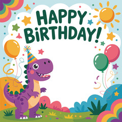 Fototapeta premium Cute purple dinosaur celebrating happy birthday with balloons and sun celebration