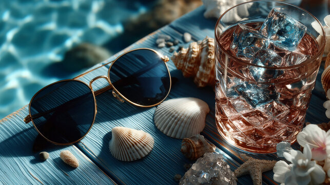 Summer sale backdrop with seashells. Top view on sunglasses and fresh cocktail on blue wooden texture. Vector illustration.