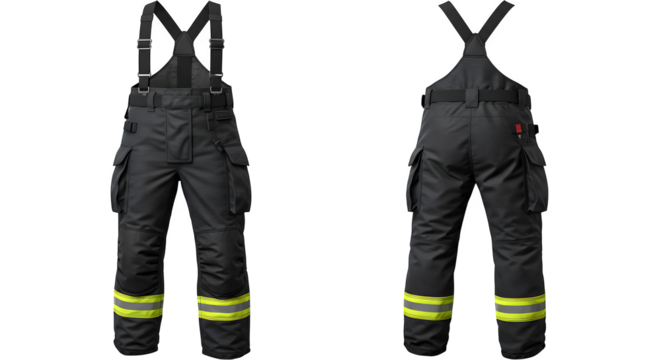 Dark striped texture defines work pants with reflective yellow bands; perfect for product showcasing work attire, gear catalogs, safety equipment posters.