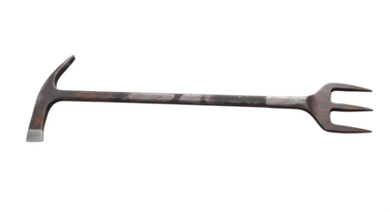 Rusty metal Halligan tool, isolated on black. Represents construction, demolition, or emergency services.