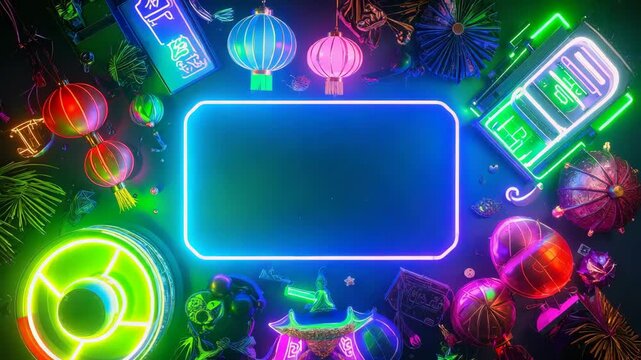 Neon frame highlighting festive chinese new year decorations, lanterns, and traditional elements. - Powered by Adobe