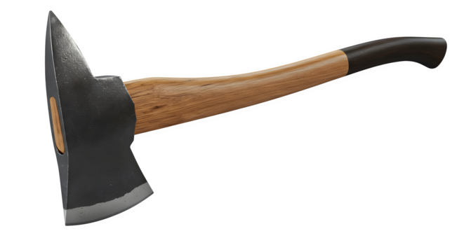 Steel and wood axe stands against black. Use for safety awareness, forestry, or outdoor themes.