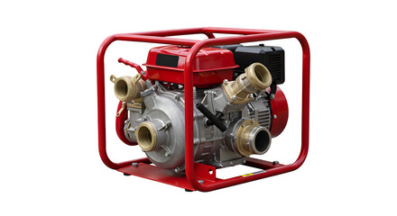 Red and silver fire pump is isolated on a black backdrop. This image is ideal for product presentations, sales materials, or industrial designs.