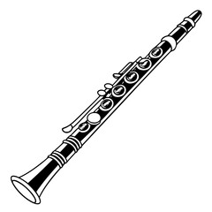 Black and white illustration of a classic clarinet musical instrument with detailed keys and a flared bell