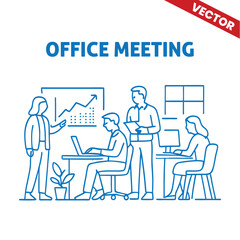 Team Discussing Financial Data in Office Meeting - Outline Graphic Illustration