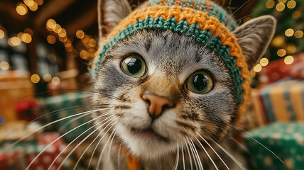 Furry friend wears a colorful Christmas hat, surrounded by twinkling lights and holiday cheer Generative AI