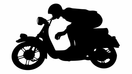 Obraz premium Silhouette of a person riding a scooter with helmet and leaning forward in a black and white image