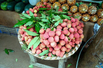 Lychee fruit on the market. Litchi chinensis