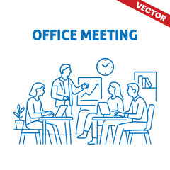 Office Workspace with Team Collaborating on Business Growth Strategies - Outline Graphic Illustration