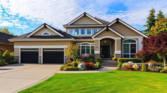 A two-story house with a green lawn and a driveway.