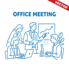 Business Meeting in Office with Professionals and Presentation of Data - Outline Graphic Illustration