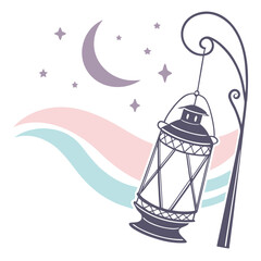 Decorative islamic lantern hanging from a pole with a crescent moon and stars in the night sky