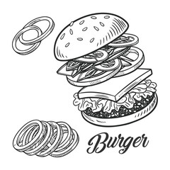 Hand drawn vector illustrations of fast food, including a hamburger, pizza, and a set of various meals for a restaurant menu design