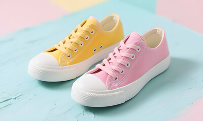 Naklejka premium Stylish pink and yellow canvas sneakers on pastel painted wooden background