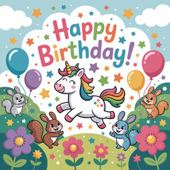 Obraz premium Happy birthday card with unicorn, rabbits, squirrels, and balloons greeting celebration