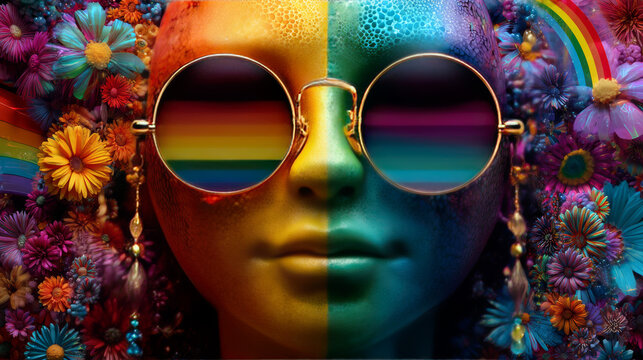 Pride Month greeting card. Banner for Pride Month with 3d funny smile emoji with rainbow sunglasses on eyes for design of LGBTQ events. Human rights and tolerance concept. Vector illustration.