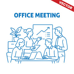 Team Discussing Business Strategies in an Office Meeting - Outline Graphic Illustration