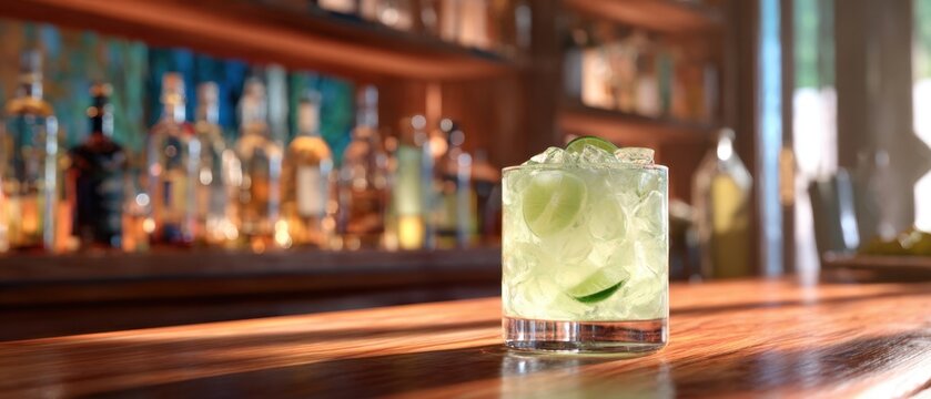 The Highball Glass Cocktail with Ice and Lime on a Bar Counter