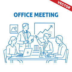 Office Meeting with Group of People Engaged in Discussion - Outline Graphic Illustration