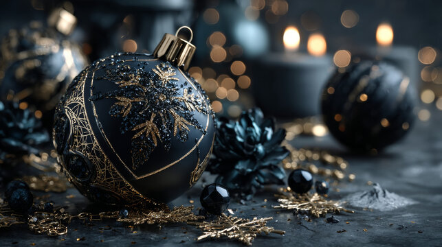 Christmas holiday banner with black balls. Vector illustration with realistic balls, snowflakes, confetti and bokeh with blur effect on black background.