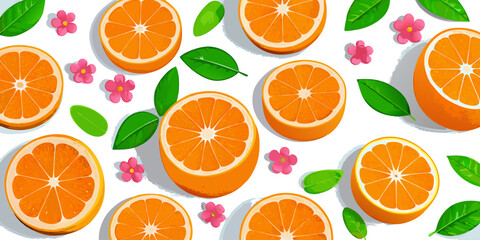 A flat lay arrangement of fresh orange slices and whole oranges on a clean white background. The orange slices are vibrant and juicy, arranged in a scattered, aesthetically pleasing pattern. Some of t