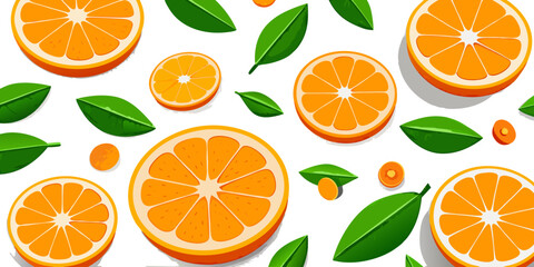 A flat lay arrangement of fresh orange slices and whole oranges on a clean white background. The orange slices are vibrant and juicy, arranged in a scattered, aesthetically pleasing pattern. Some of t