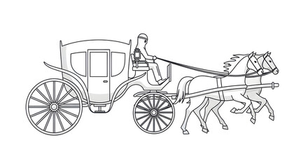 Fototapeta premium Elegant horse-drawn carriage, a classic mode of transport with a driver and two horses, rendered in a sophisticated line art style