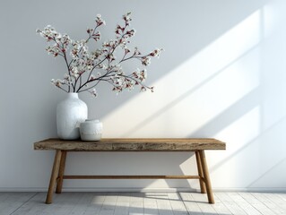 Simple, light-filled room with wooden bench and vase of cherry blossoms