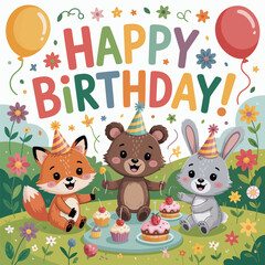 Happy Birthday forest party with fox bear and bunny celebration