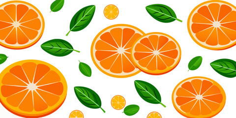 A flat lay arrangement of fresh orange slices and whole oranges on a clean white background. The orange slices are vibrant and juicy, arranged in a scattered, aesthetically pleasing pattern. Some of t