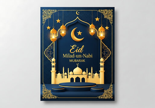 Eid miladunnabi mubarak poster with mosque and lanterns isolated on white background