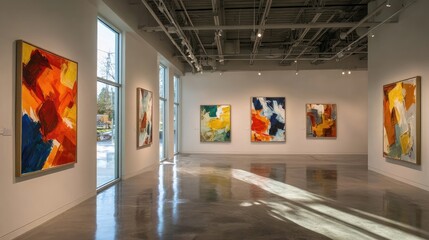 Modern Art Gallery Exhibit with Colorful Abstract Paintings