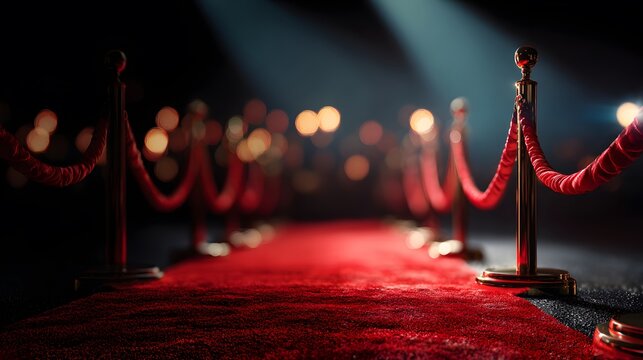 Red carpet platform - Elegant platform on a red carpet with velvet ropes and lights, cinematic background, 