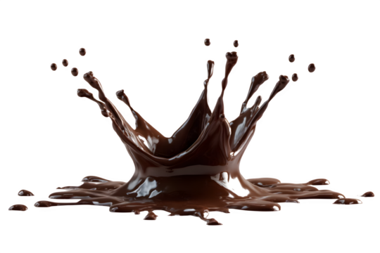 Dynamic chocolate splash frozen in mid-air capturing viscous fluid motion and droplets isolated on transparent background