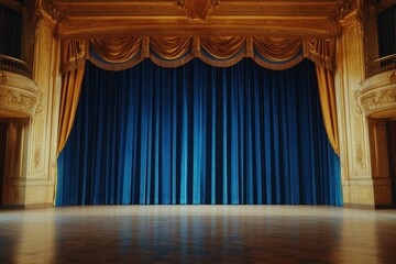 A royal blue velvet curtain in a grand opera house, creating a sense of mystery before the show