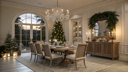 Fototapeta premium Realistic Classic European USA dining room, festive table setting and seasonal decor in natural wood, linen, and evergreen hues