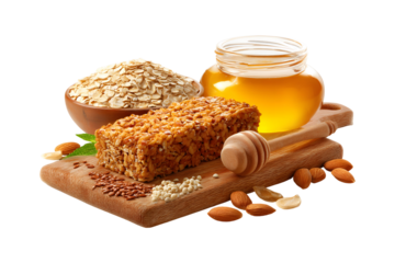 Delicious granola bar composition with oats, honey and nuts on wooden board
