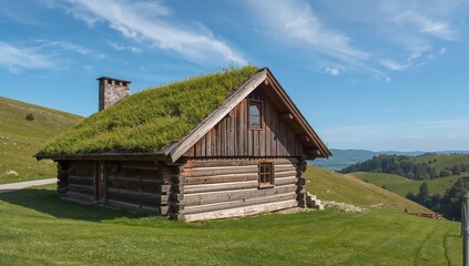 Traditional Wooden Cabin with a Grass Roof on a Hillside, Clear Blue Sky Backdrop.