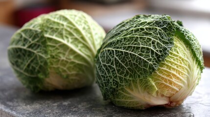 Fresh Green Cabbage Heads on a Kitchen Counter with Textured Leaves and Natural Lighting, Ideal for Food Photography, Culinary Arts, and Healthy Eating Concepts