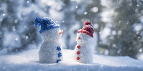 The cute snowman couple enjoys a snowy winter day in a festive atmosphere.