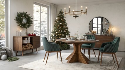 Fototapeta premium Realistic Scandinavian USA dining room, festive table setting and seasonal decor in charcoal, pine green, and ivory hues