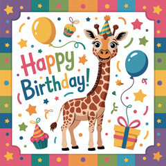 Obraz premium Happy birthday greeting with a giraffe wearing a party hat and balloons Keywords: birthday
