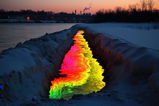 A thermal image of a river showing drastic temperature differences near a factory discharge point, affecting marine ecosystems