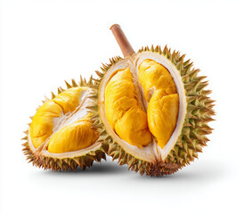 Fototapeta premium Fresh Durian Fruit Split Open with Yellow Flesh on White Background